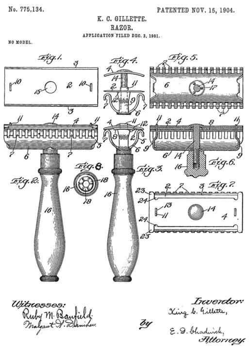 Imagen de la patente de la maquinilla clásica de King Camp Gillette